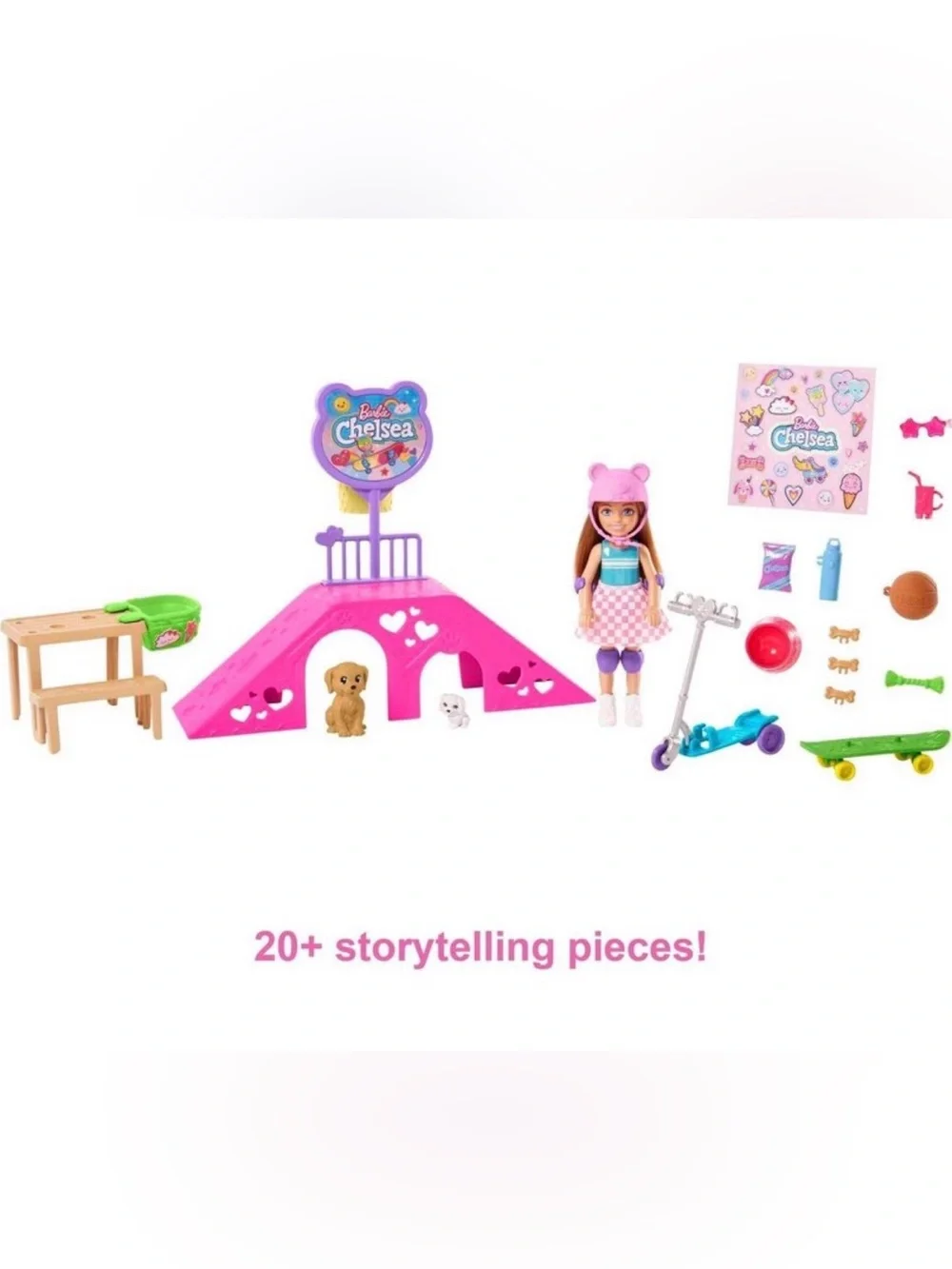 Barbie Chelsea Doll and Accessories Skatepark Playset with 2 Puppies and 15+ pc